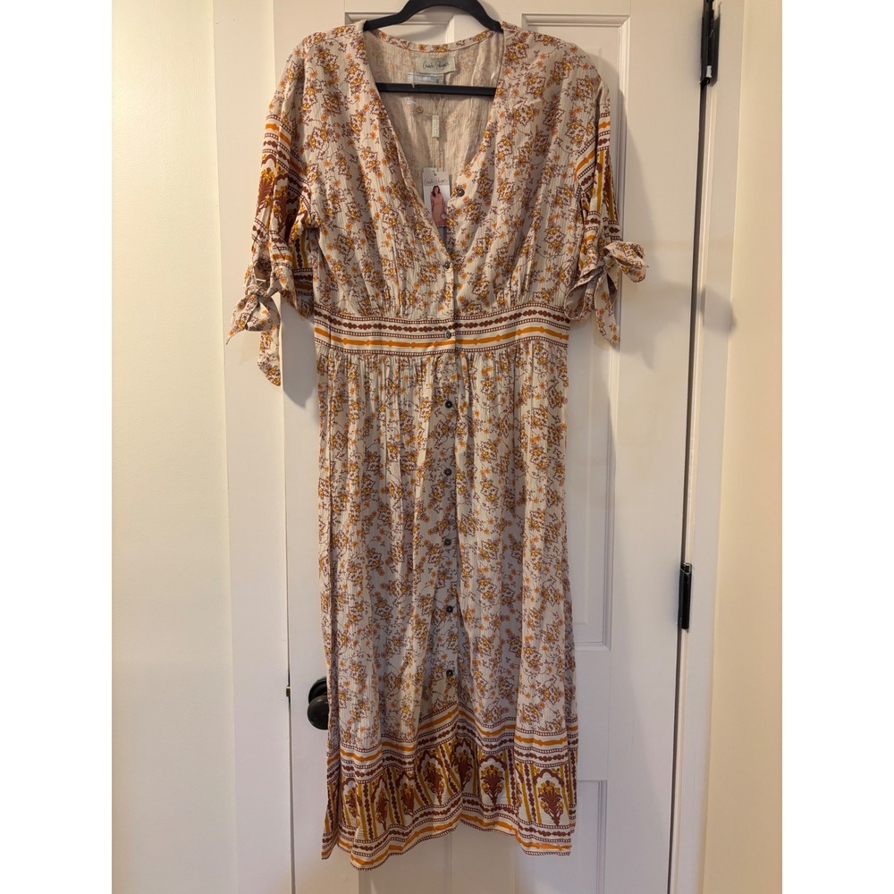 Charlie Paige Floral Boho Midi Dress Orange Mustard Smocked Waist NWT Small